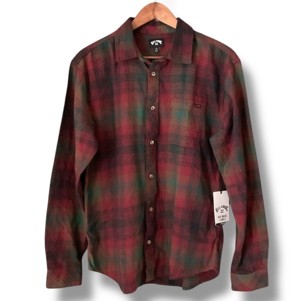Billabong Red Plaid Collared Button Up Wave Washed Stretch Flannel Shirt Size S